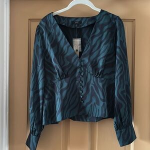 Teal tiger v neck blouse